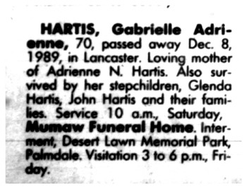 Hartis, Gabrielle Adrienne obituary