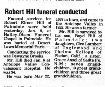 Hill,   Robert Elmer obituary