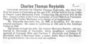 Reynolds, Charles Thomas obituary