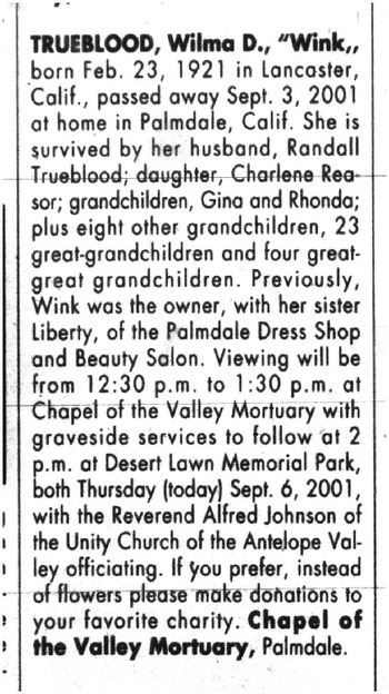 Trueblood, Wilma Dell ('Wink') obituary