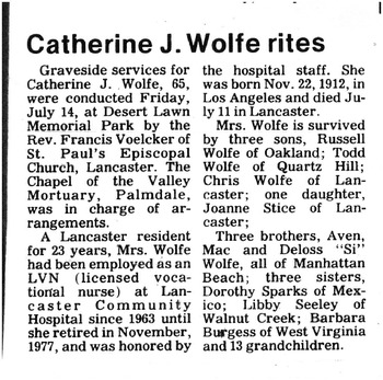 Wolfe, Catherine Joanne obituary