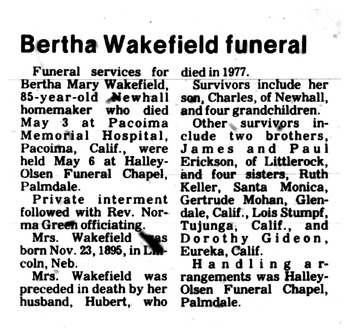 Wakefield,   Bertha Mary ('Bugga') obituary
