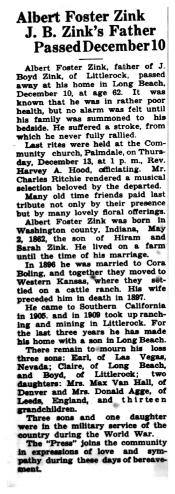 Zink, Albert Foster obituary