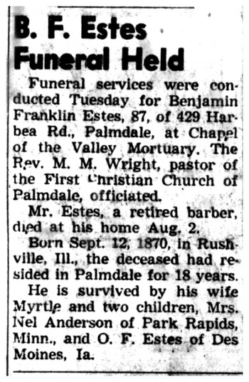 Estes,   Benjamin Franklin obituary